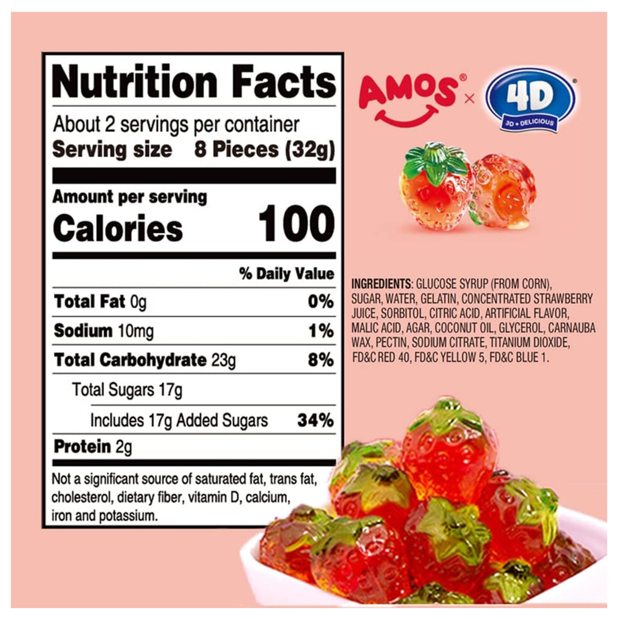Amos 4D Strawberry Juicy Burst Fruit Gummies – 3oz (85g) Bag