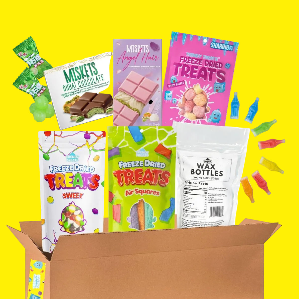 Trendy Treats Top 7 Viral Candy Box - Pink Dubai Angel Hair & Milk Dubai Chocolate, Freeze Dried Candy Bundle, Wax Candy Bottles + Guava Asian Candy