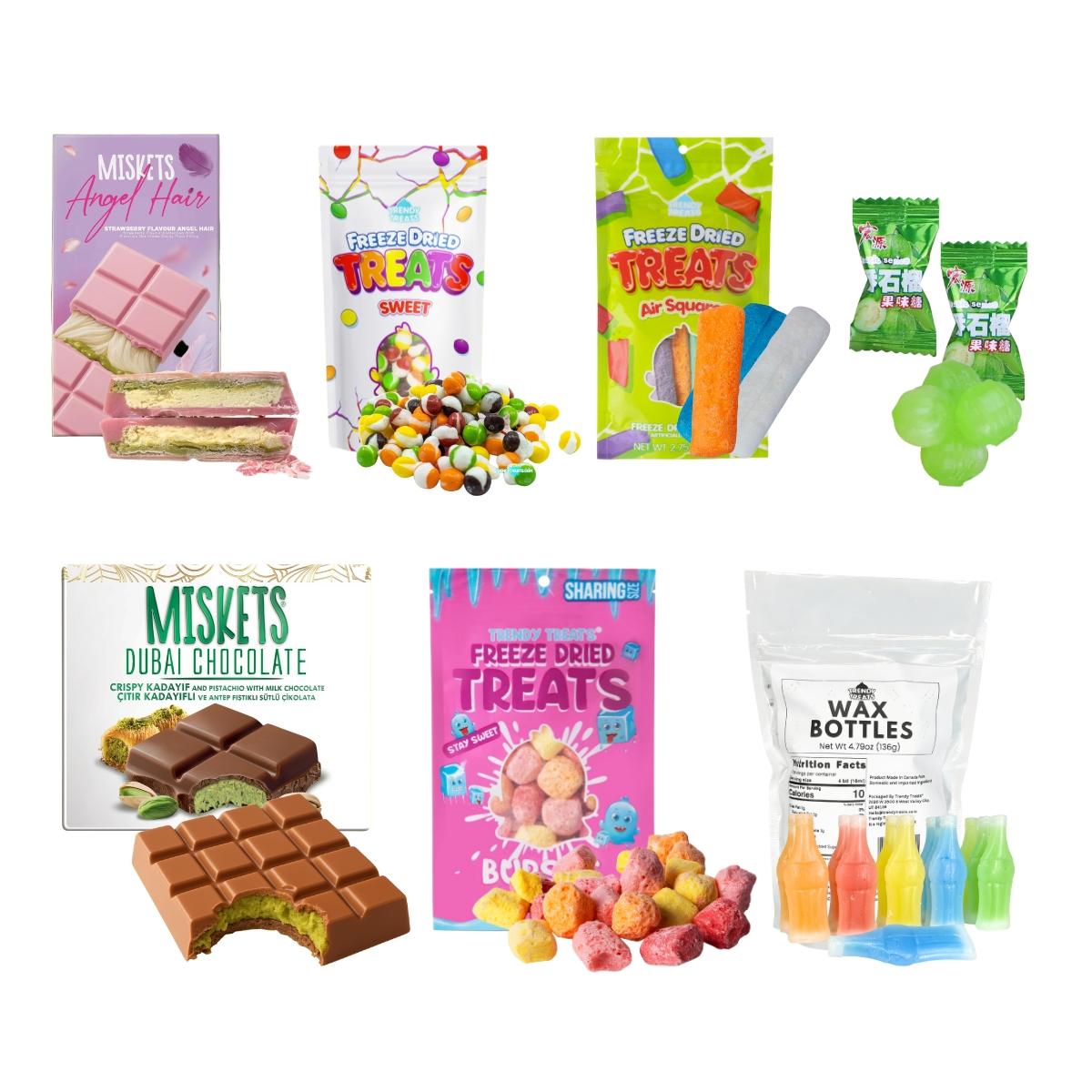 Trendy Treats Top 7 Viral Candy Box - Pink Dubai Angel Hair & Milk Dubai Chocolate, Freeze Dried Candy Bundle, Wax Candy Bottles + Guava Asian Candy