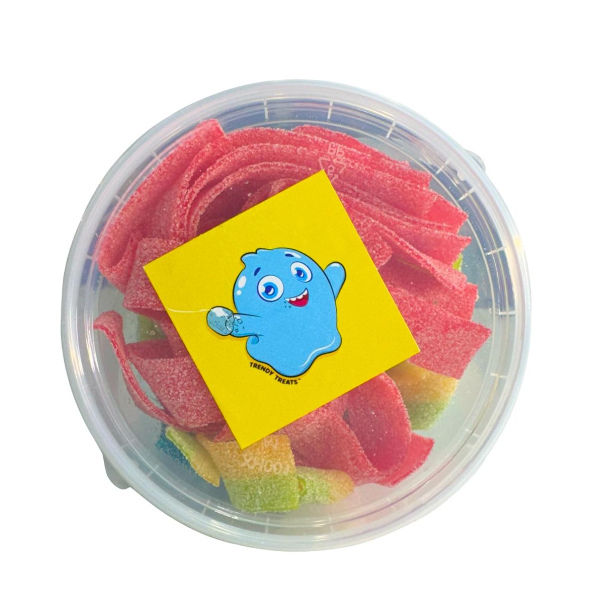 Trendy Treats Triple Sour Strips Flavors Mini Bucket - Sour Pickle Strawberry & Blue Berry - Perfect On-The-Go Snack - Easy to Carry