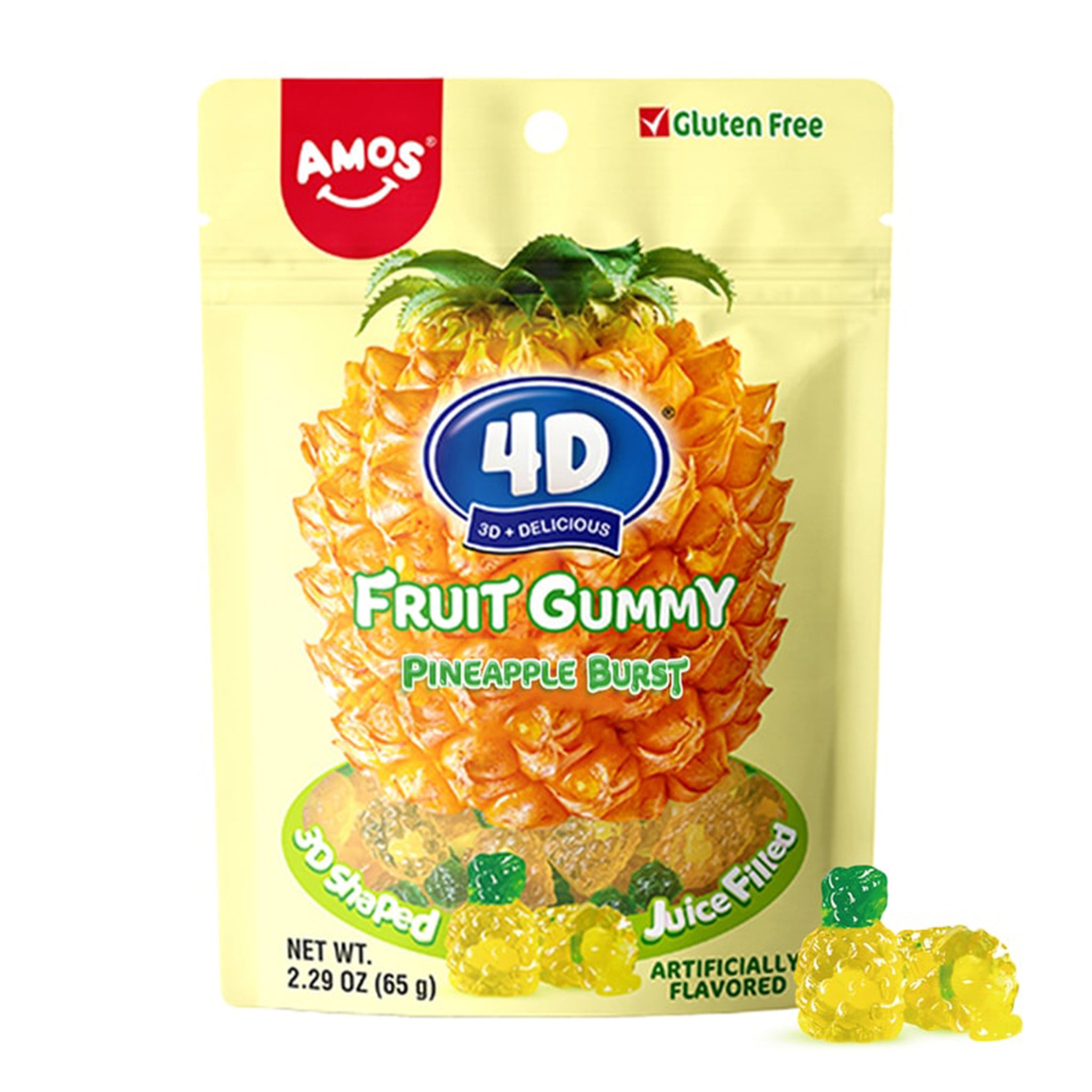 Amos 4D Pineapple Juicy Burst Fruit Gummies – 3oz (85g) Bag