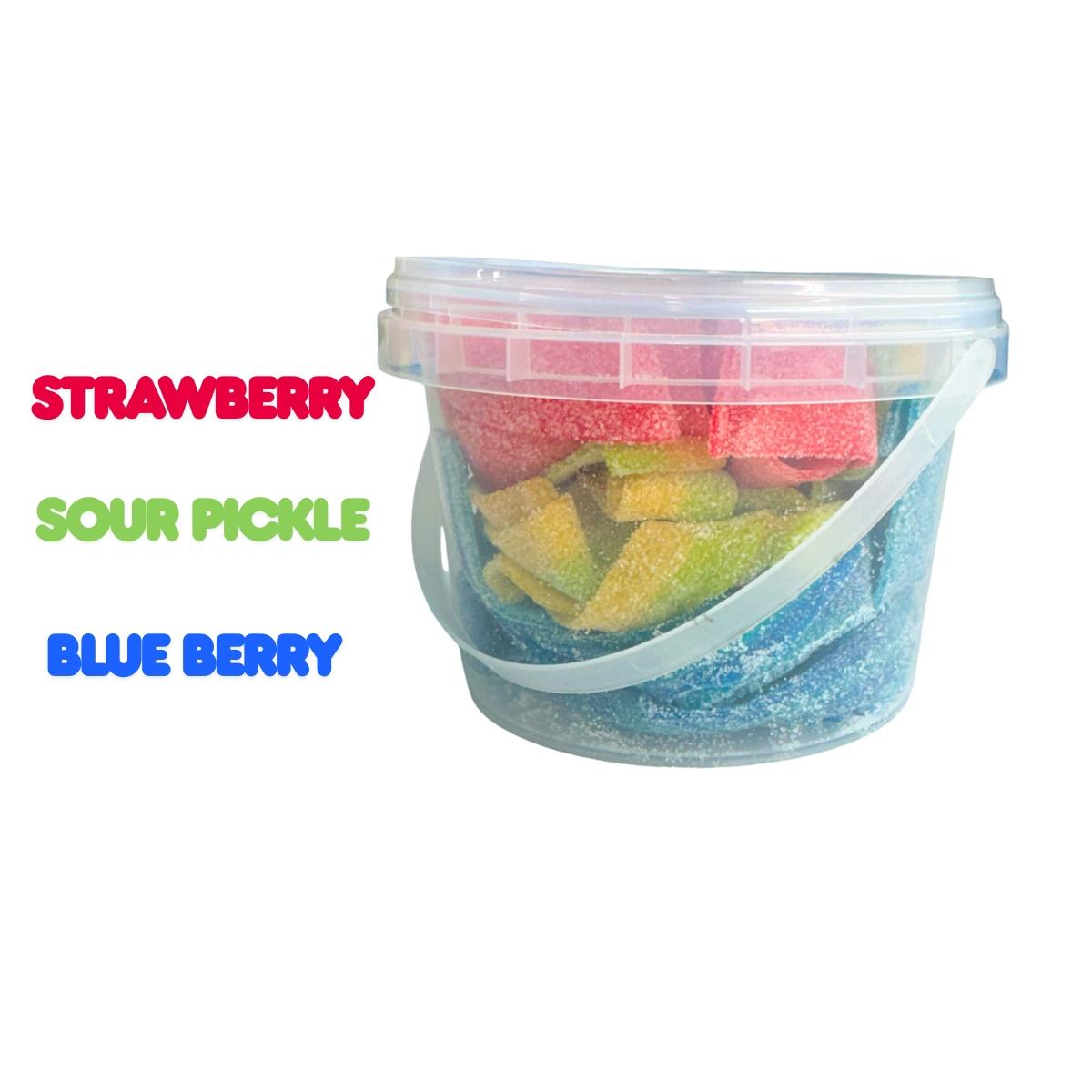 Trendy Treats Triple Sour Strips Flavors Mini Bucket - Sour Pickle Strawberry & Blue Berry - Perfect On-The-Go Snack - Easy to Carry