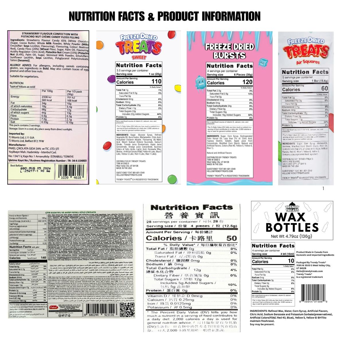 Trendy Treats Top 7 Viral Candy Box - Pink Dubai Angel Hair & Milk Dubai Chocolate, Freeze Dried Candy Bundle, Wax Candy Bottles + Guava Asian Candy