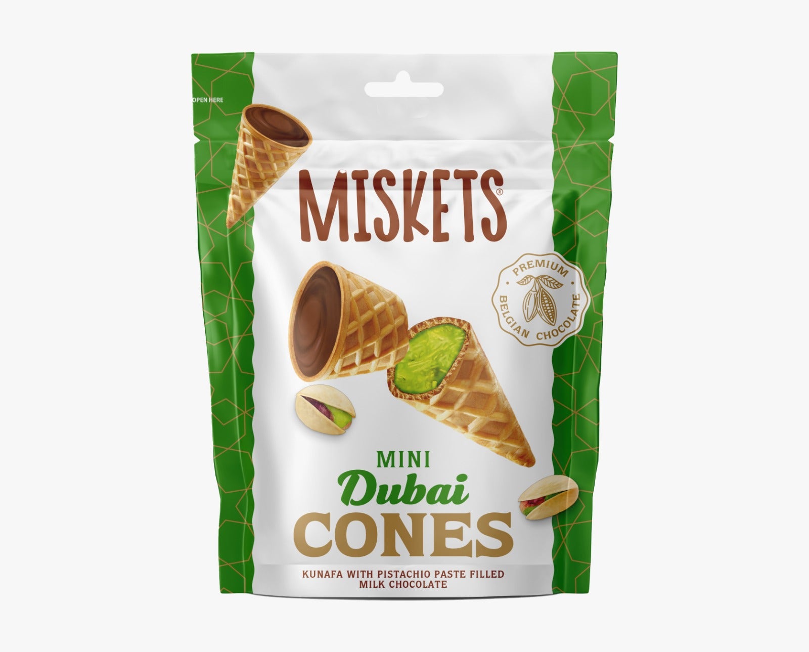 Miskets Dubai Milk Pistachio Mini Cones – 50g