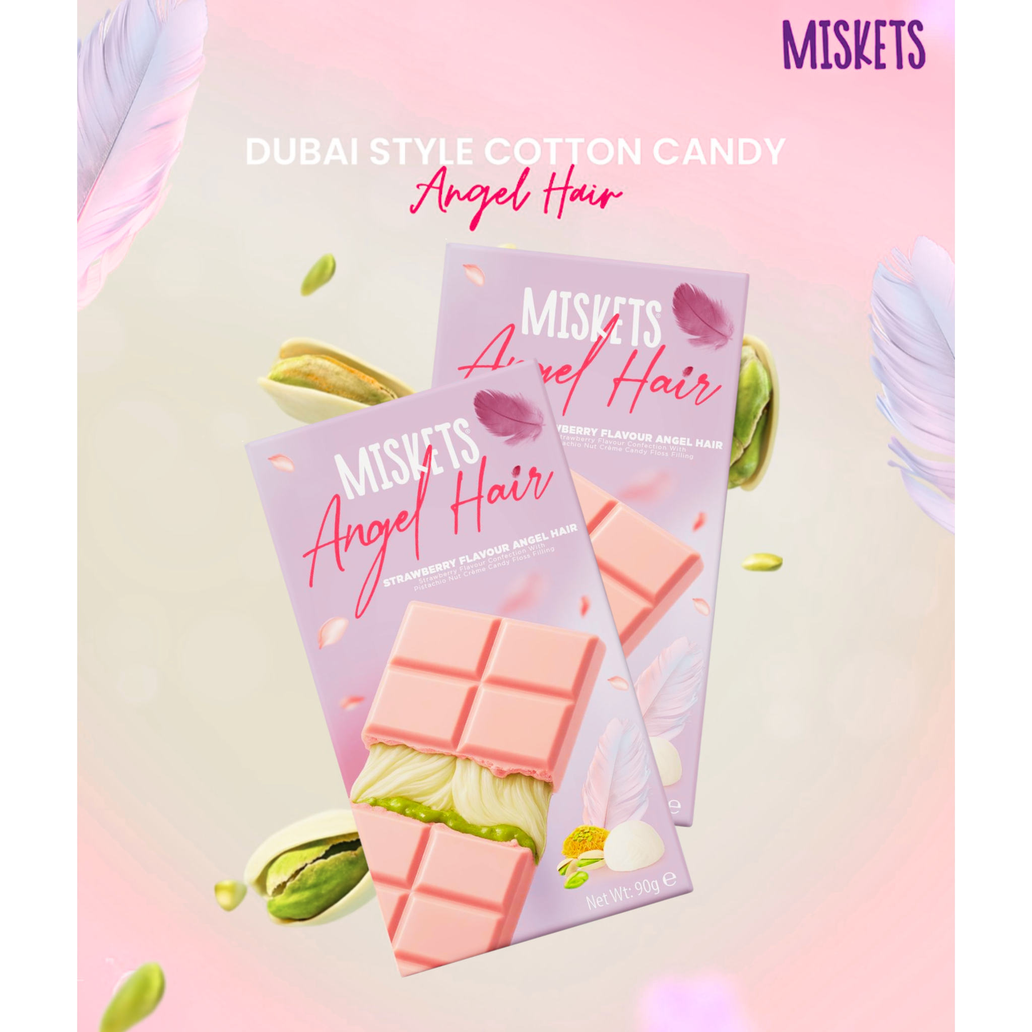 Miskets Dubai Angel Hair Chocolate Bar with Cotton Candy & Pistachios – 90g