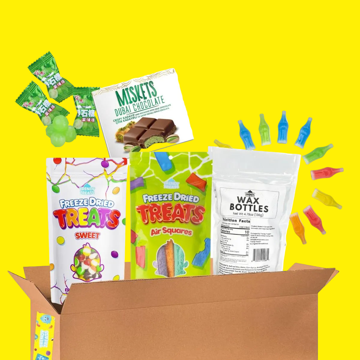 Trendy Treats Top 7 Viral Candy Box - Pink Dubai Angel Hair & Milk Dubai Chocolate, Freeze Dried Candy Bundle, Wax Candy Bottles + Guava Asian Candy
