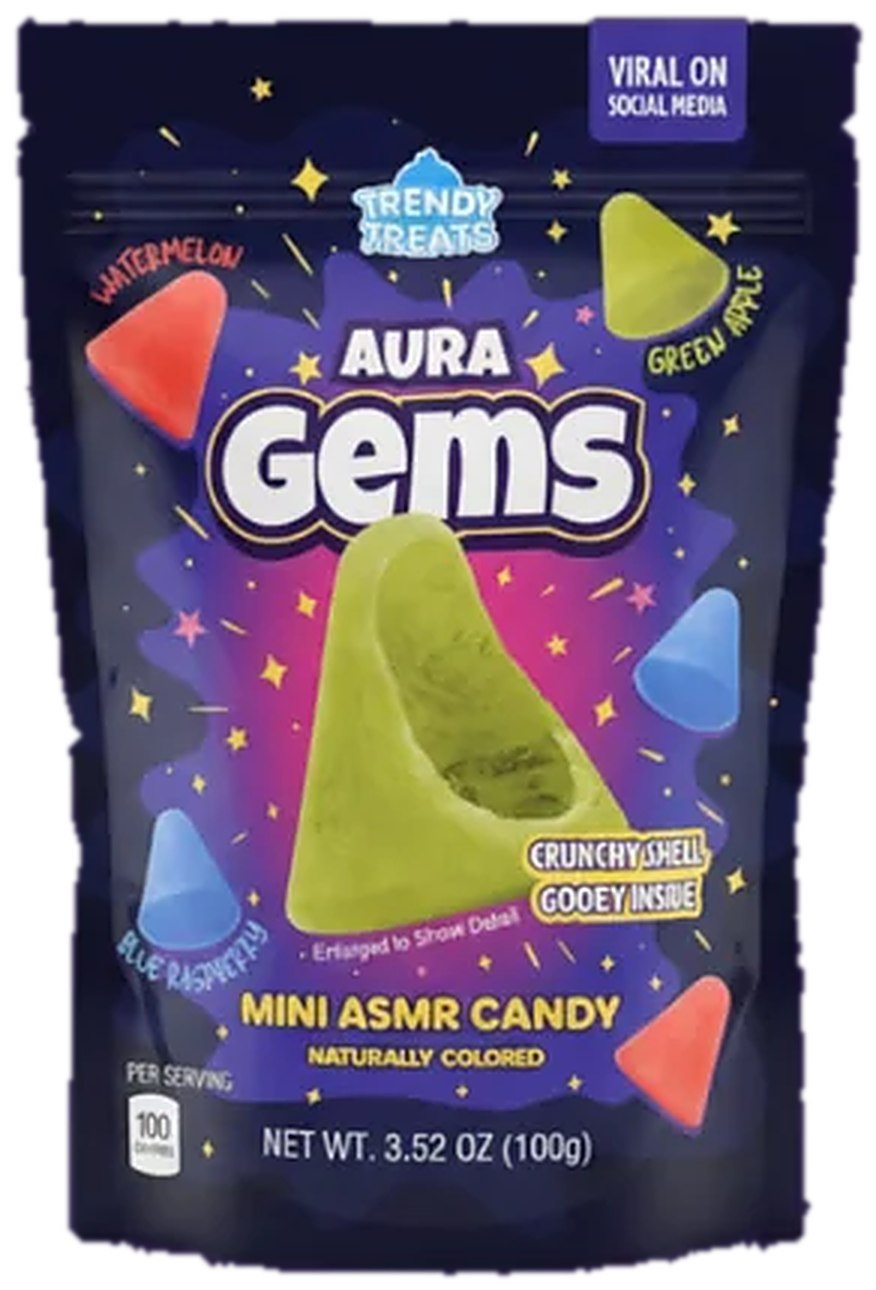 The first-run Aura Gems pouch: dark navy, with Green Apple, Blue Raspberry and Watermelon