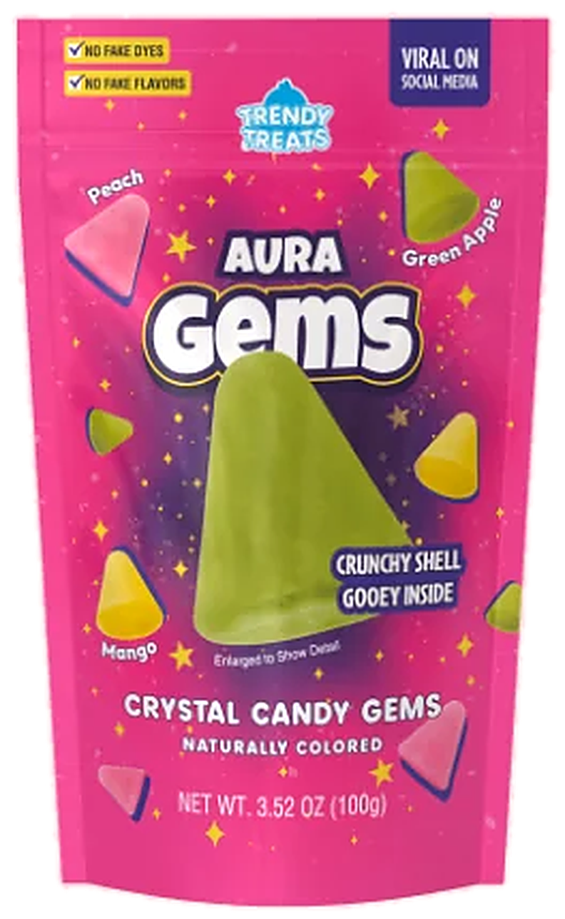 The restock Aura Gems pouch: magenta, with Peach, Mango and Green Apple